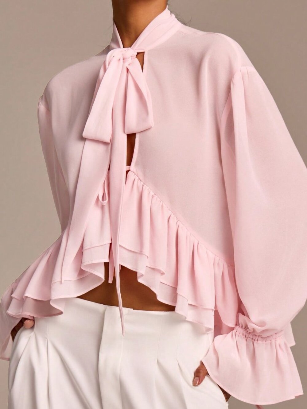 Baby Pink Bohemian Women's Elegant Ruffled Long Sleeve Blouse